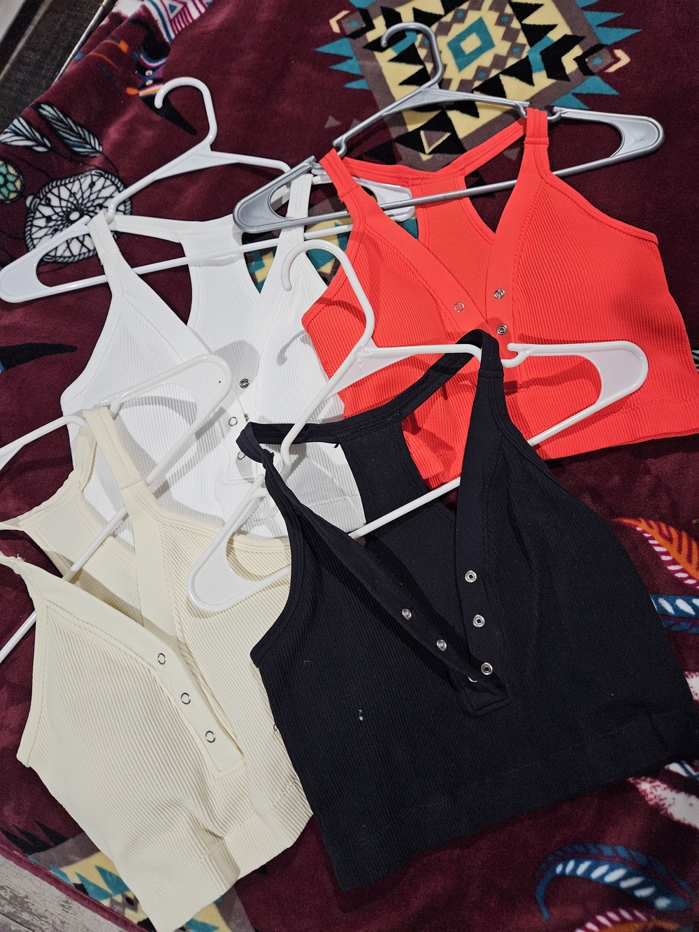 Ribbed Snap-Front Cropped Tank Top - Black, White, Cream, Red
